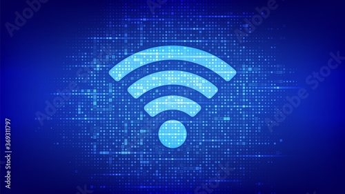 Wi-Fi network icon. Wi Fi sign made with binary code. Wlan access, wireless hotspot signal symbol. Mobile connection zone. Data transfer. Router or mobile transmission. Vector illustration.
