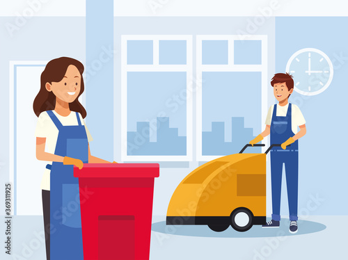 housekeeping couple workers cleaning room with tools characters