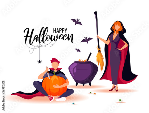 Halloween card design with people dressed in costumes. Witch with broom and cauldron. Man in cloak carving pumpkin. Bats flying around. Vector illustration for poster, banner, cover, postcard.
