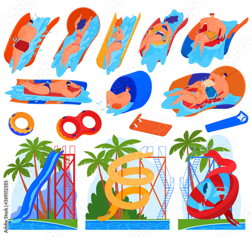 Colorful aquapark set of various water tubes and slides with people at style isolated vector illustration