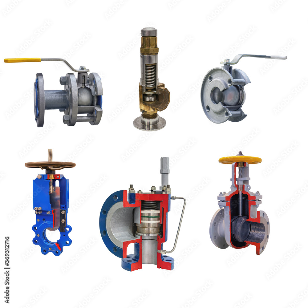 six modern shut-off valves with automatic and manual control for a gas pipeline isolated on a white background. Lengthwise cut six modern shut-off valves with automatic and manual control for a gas pipeline isolated on a white background. Lengthwise cut