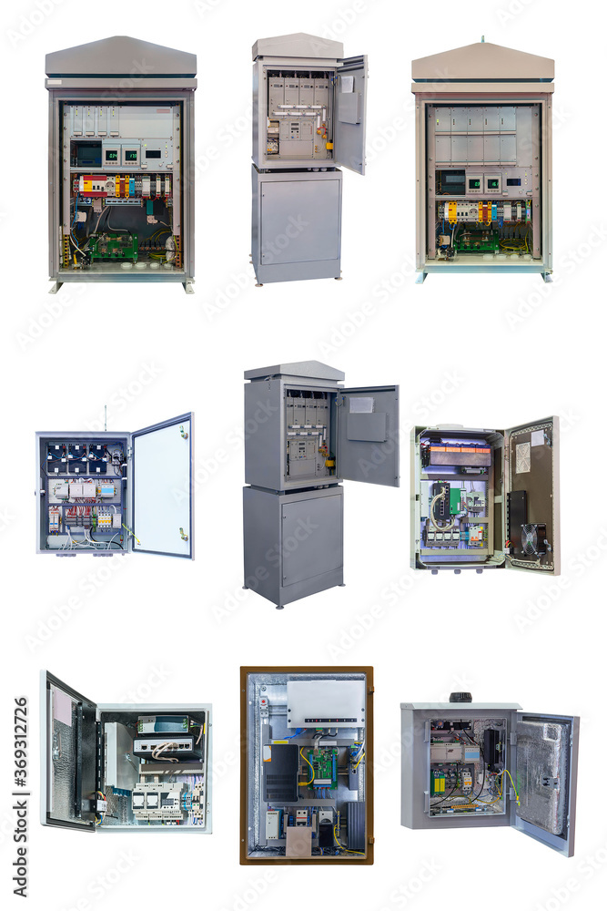 group of electrical cabinets of various designs and purposes isolated on a white background group of electrical cabinets of various designs and purposes isolated on a white background