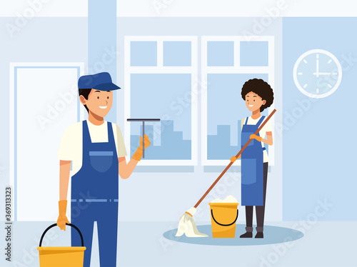 housekeeping couple workers cleaning room with tools characters