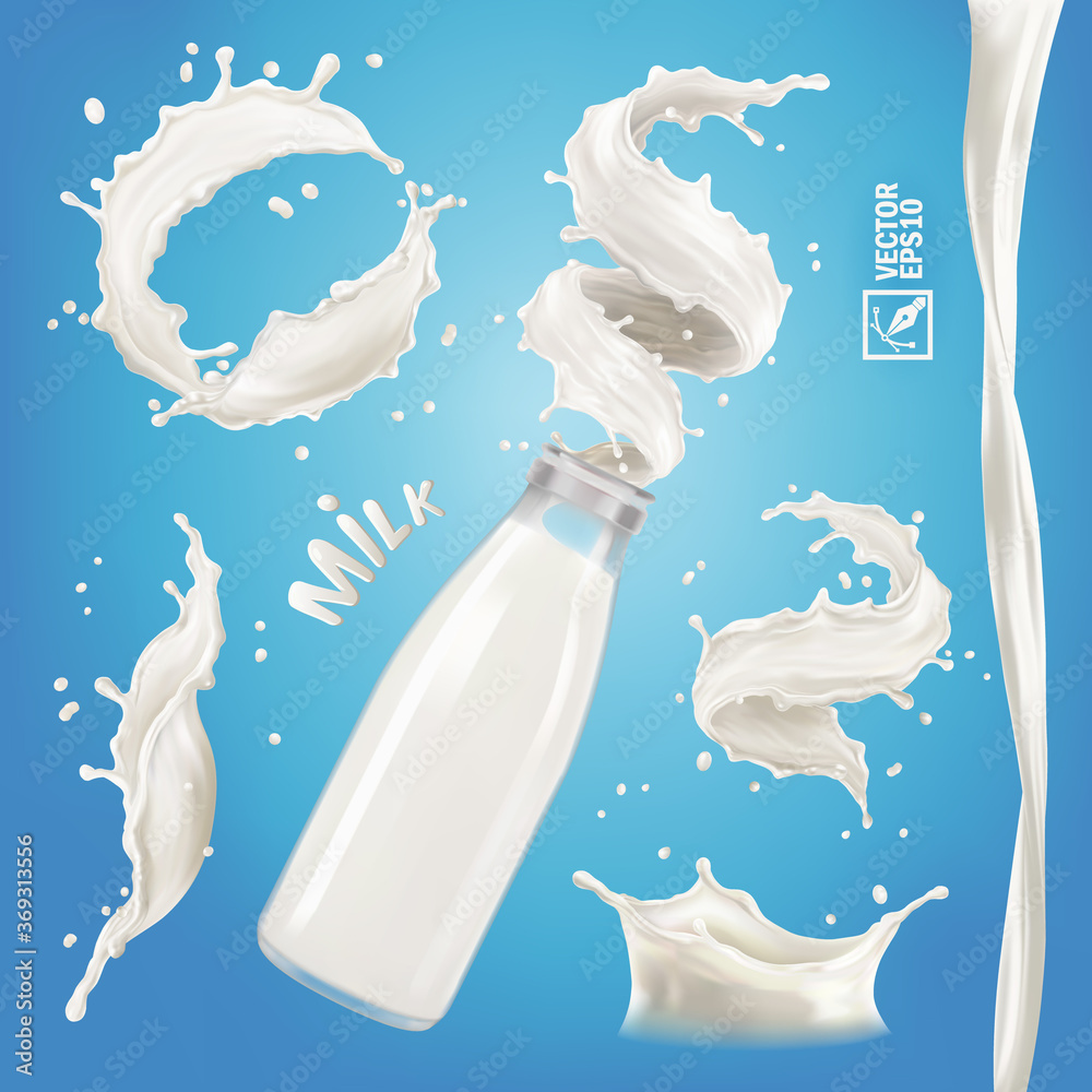 3D realistic isolated vector set, different bursts of milk, yoghurt or cream, transparent bottle with a splash, flowing stream, vortex - obrazy, fototapety, plakaty 