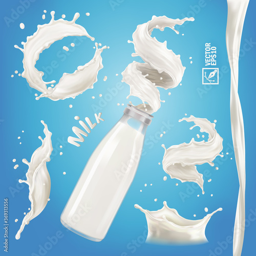 3D realistic isolated vector set, different bursts of milk, yoghurt or cream, transparent bottle with a splash, flowing stream, vortex