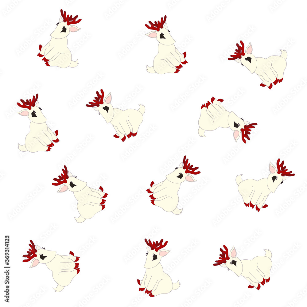 Little pretty deer with red antlers and hoofs pattern on white isolated background, vector stock illustration in Cartoon style, concept of Christmas, Childrens goods, Xmas and Animal Patterns.