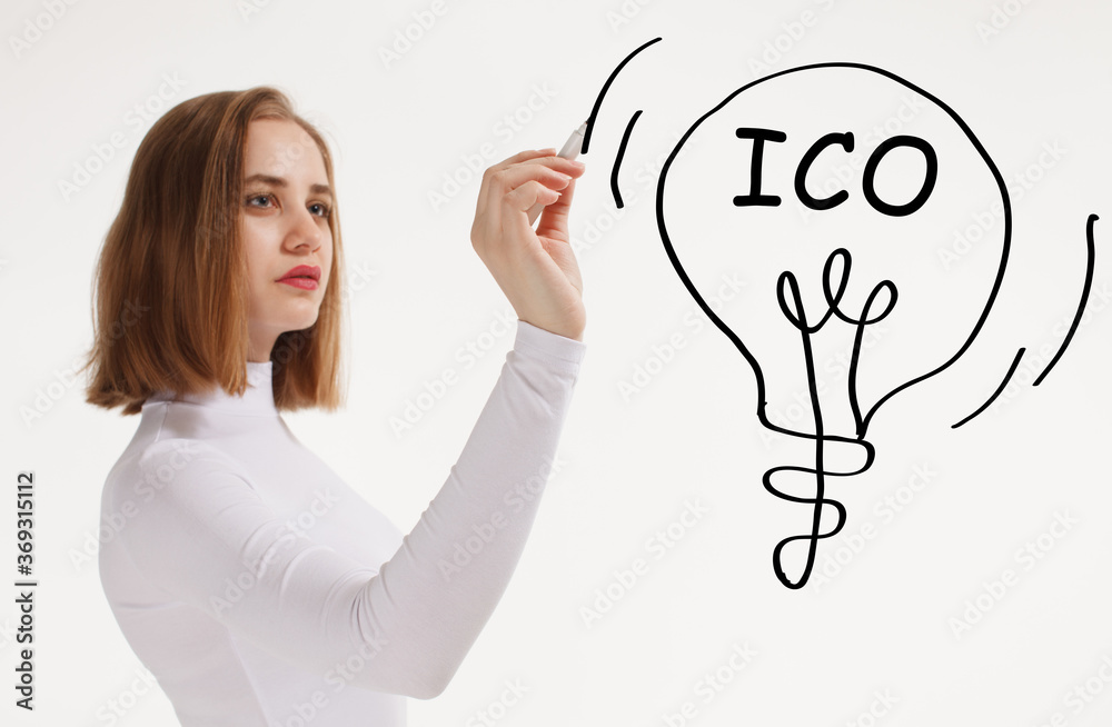 Business, technology, internet and network concept. Young businessman thinks over the steps for successful growth: ICO Business, technology, internet and network concept. Young businessman thinks over the steps for successful growth: ICO