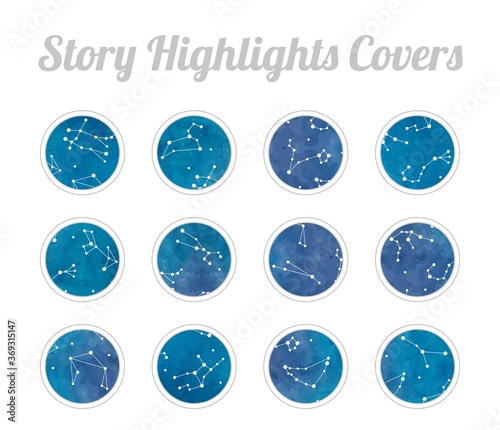 Set of Story Highlights Covers Icons. Zodiac constellations on colorful watercolor background. Blue and purple bright colors. Bundle of templates for social media and blog.