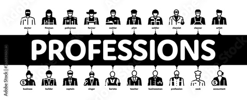 Professions People Minimal Infographic Web Banner Vector. Policeman And Farmer, Fireman And Soldier, Businessman And Businesswoman, Barber And Builder Illustration