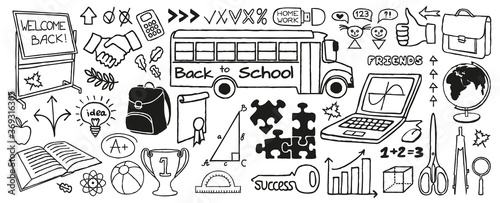 Back to School doodles banner, hand drawn with thin line