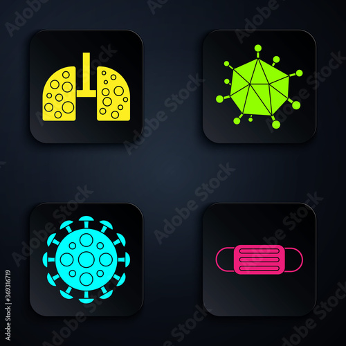 Set Medical protective mask, Virus cells in lung, Virus and Virus. Black square button. Vector.