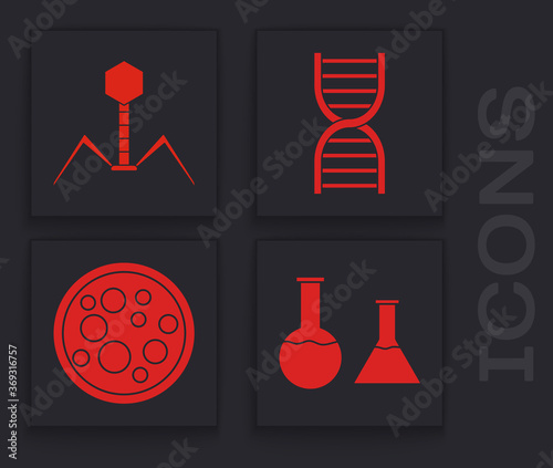 Set Test tube and flask, Bacteria bacteriophage, DNA symbol and Virus icon. Vector.