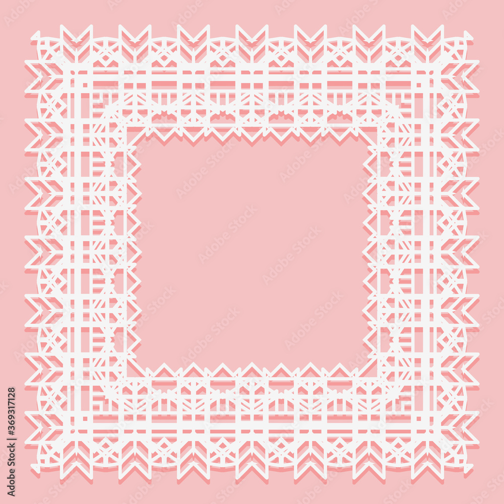 White lace frame of square shapes. Openwork edges of the napkin isolated on a pink background.