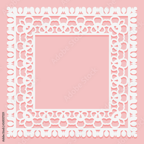 White lace frame of square shapes. Openwork vintage elements isolated on a pink background.