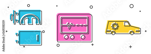 Set Crematorium, Beat dead in monitor and Hearse car icon. Vector.