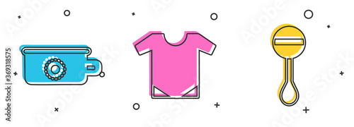 Set Baby potty, Baby onesie and Rattle baby toy icon. Vector.