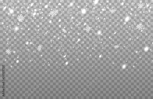 Winter snowfall. Realistic falling snowflakes. Vector heavy snowfall  snowflakes of different shapes
