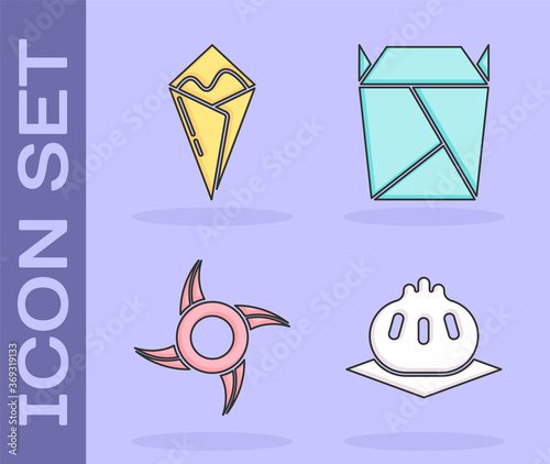 Set Khinkali on cutting board, Temaki roll, Japanese ninja shuriken and Rstaurant opened take out box filled icon. Vector.