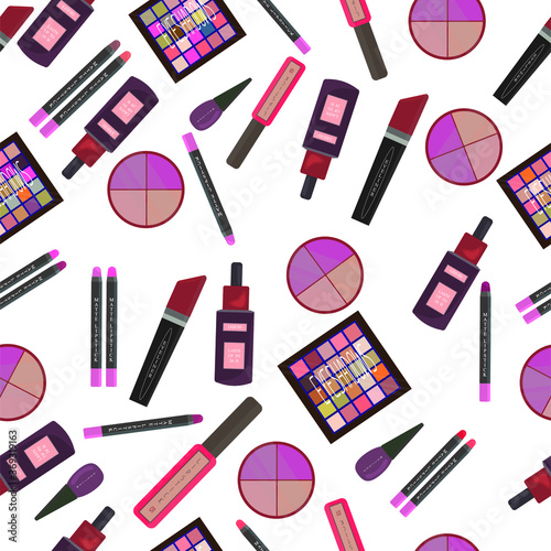 Makeup seamless pattern. Illustrations of different cosmetics. Lipstick and pomade glamour vector background