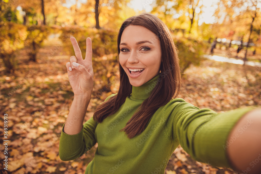 Closeup photo of optimistic pretty lovely girl lady make selfie show v-sign open mouth blogger live stream connect followers wear green sweater spend free time square garden park outside Closeup photo of optimistic pretty lovely girl lady make selfie show v-sign open mouth blogger live stream connect followers wear green sweater spend free time square garden park outside