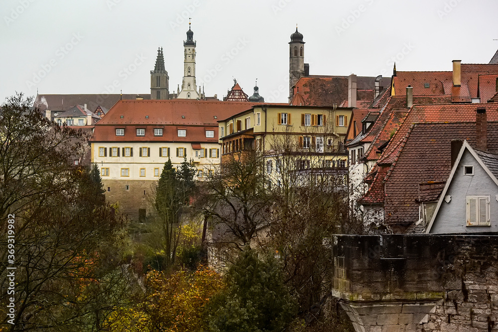 Skyline panorama view from town wall of Rothenburg ob der Tauber town, Bavaria, Germany. November 2014