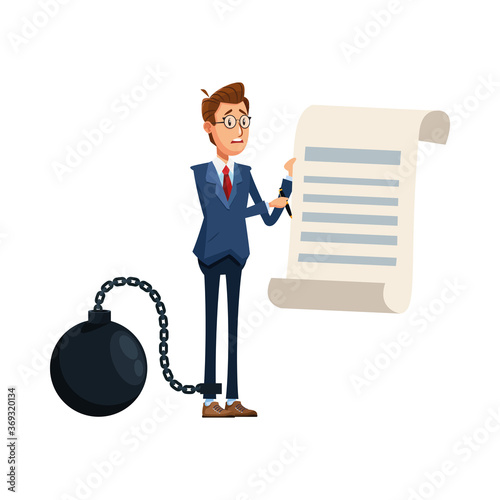 elegant businessman with slave fetter and document comic character