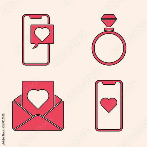 Set Mobile phone with heart, Smartphone with heart speech bubble, Wedding rings and Envelope with heart icon. Vector.