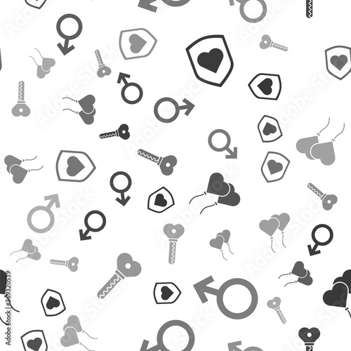 Set Heart with shield, Male gender symbol, Balloons in form of heart and Key in heart shape on seamless pattern. Vector.