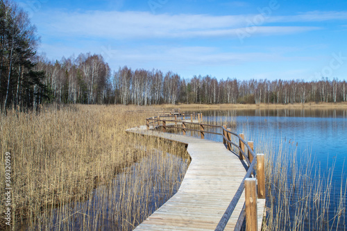 Plains quarry in Olaine, Latvia. Wooden path along the lake. Lake shore, reeds and trail. © Julija