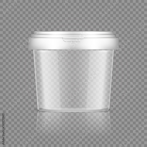 Empty transparent bucket with cap mockup for ice cream, yoghurt, mayonnaise, paint, or putty container. Plastic package design. Blank food or decor product template. 3d vector illustration