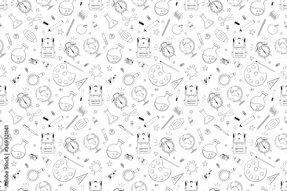 Back to school seamless patterns. School supplies and medical mask. School pattern for print or web. Vector illustration