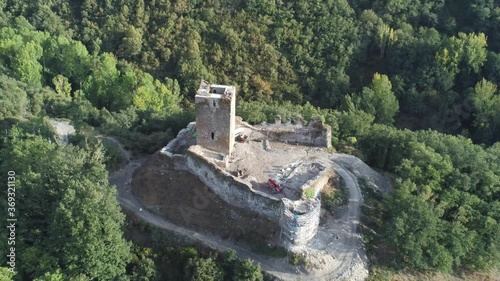 Old castle in village of El Bierzo in Leon,Spain. Aerial Drone Footage photo