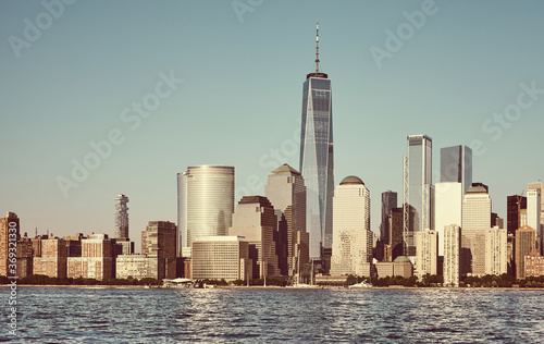 Manhattan skyline with cloudless sky at sunset  color toning applied  New York City  USA.