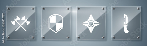 Set Military knife, Japanese ninja shuriken, Shield and Crossed medieval axes. Square glass panels. Vector.