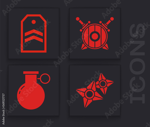 Set Japanese ninja shuriken, Chevron, Wooden shield with crossed swords and Hand grenade icon. Vector.