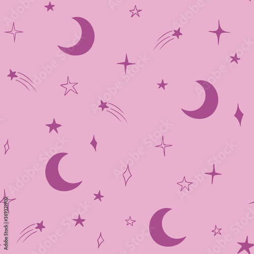 Moon and stars seamless pattern design hand-drawn on pink background. Space  universe  moon  falling stars - fabric wrapping  textile  wallpaper  apparel design. 