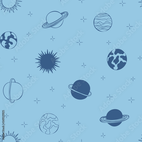 Planets and stars seamless pattern design hand-drawn on blue background. Space, universe, planets - fabric wrapping, textile, wallpaper, apparel design. 