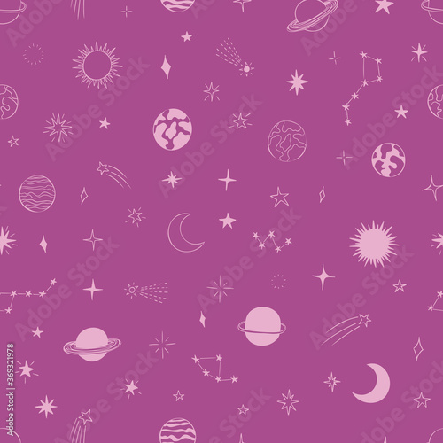 Space seamless pattern design hand-drawn on pink background. Space, universe, moon, sun, falling stars, planets - fabric wrapping, textile, wallpaper, apparel design. 