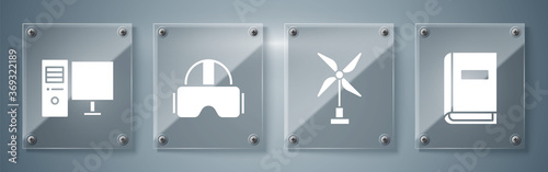 Set User manual, Wind turbine, Virtual reality glasses and Computer monitor. Square glass panels. Vector.