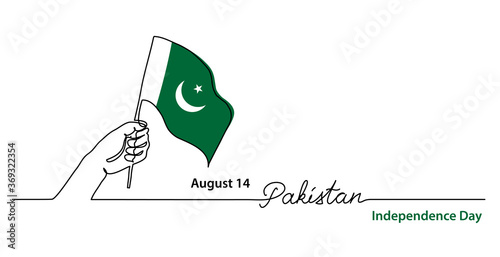 Pakistan independence day simple web banner, background with flag and hand. One continuous line drawing with lettering Pakistan.