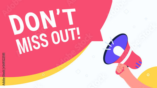 Community announcement with loud megaphone. Flat vector modern illustration of human hand holds red loud-hailer with speech bubbles for community alert in social media. Concept design for promo banner