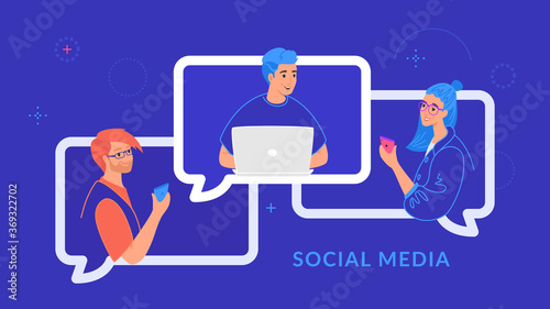 Young three teenagers chatting and texting together in social media using laptop and smartphone. Flat line vector illustration of people in speech bubbles of chat and online conference on blue color