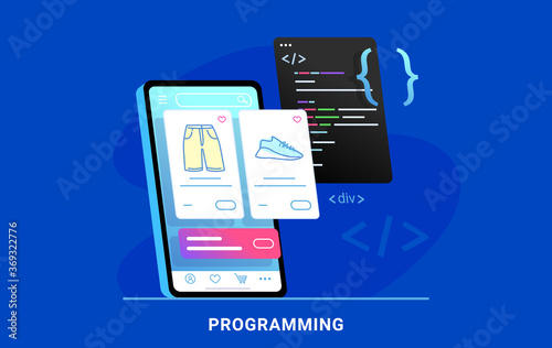 Coding e-commerce mobile app for online store. Flat vector illustration of e-commerce website or app programming css script and preview on smartphone screen behind. Application developement process