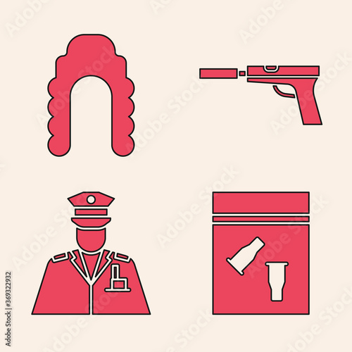 Set Evidence bag and bullet, Judge wig, Pistol or gun with silencer and Police officer icon. Vector.