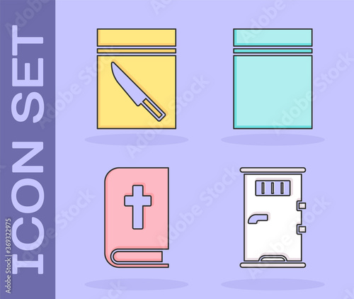 Set Prison cell door, Evidence bag and knife, Holy bible book and Plastic bag with ziplock icon. Vector.