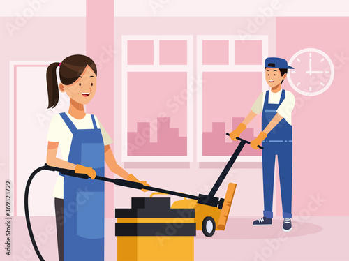 housekeeping couple workers cleaning room with tools characters
