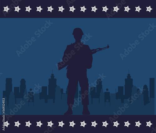 soldier with rifle figure silhouette in cityscape background