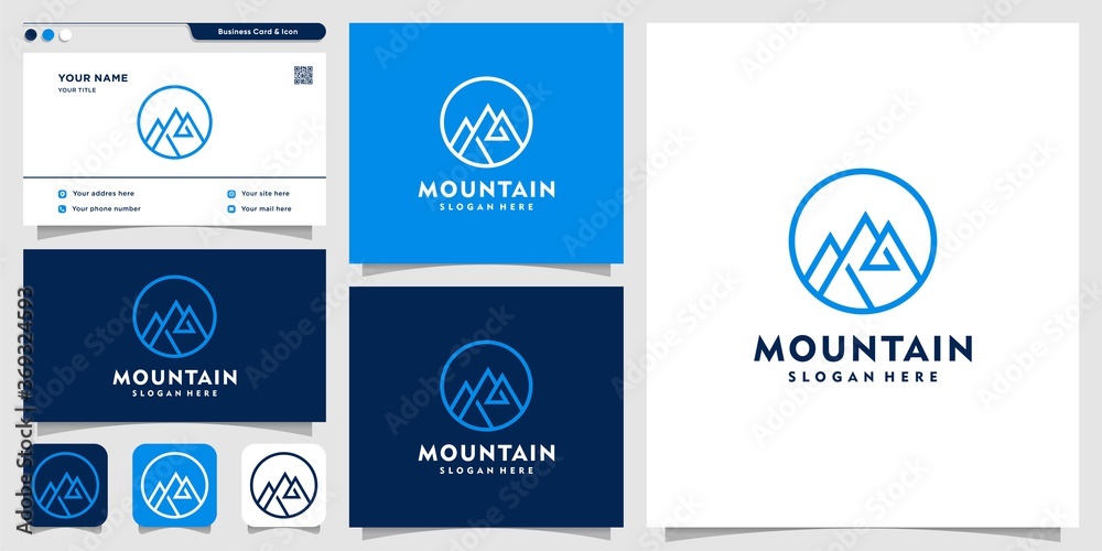 Mountain logo with line art style and business card design template, mountain, line art, icon, Premium Vector Mountain logo with line art style and business card design template, mountain, line art, icon, Premium Vector