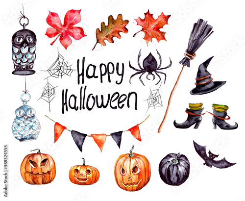 watercolor illustration. a festive set of drawings for a happy Halloween.the inscription happy halloween . isolated on a white background