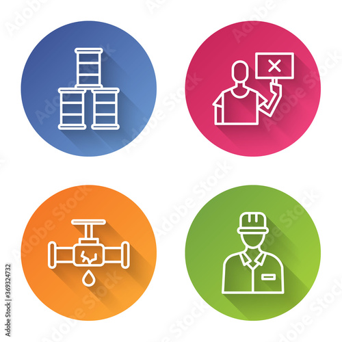Set line Barrel oil, Nature saving protest, Broken pipe with leaking water and Oilman. Color circle button. Vector.